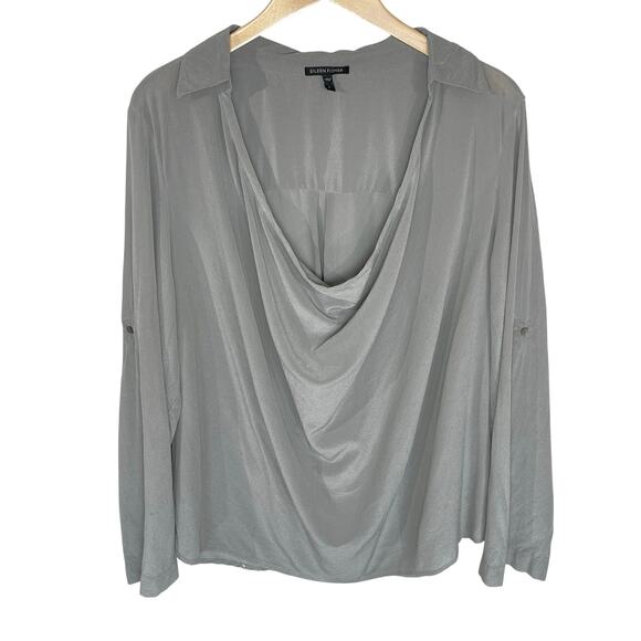 EILEEN FISHER Women’s 100% Silk Drape Front Gray Long Sleeve Blouse